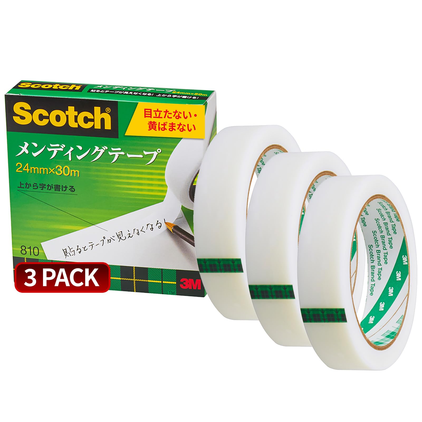 

3M Scotch Tape Mending Large 24mm x Tape, Roll, 30m, 3-Pack, 810-3-24-SIOC