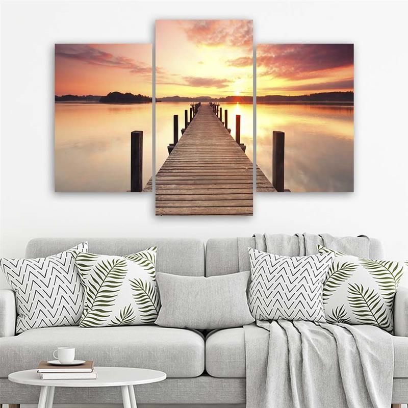 Dreiteiliger Leinwanddruck „Footbridge Lake Sunset“.