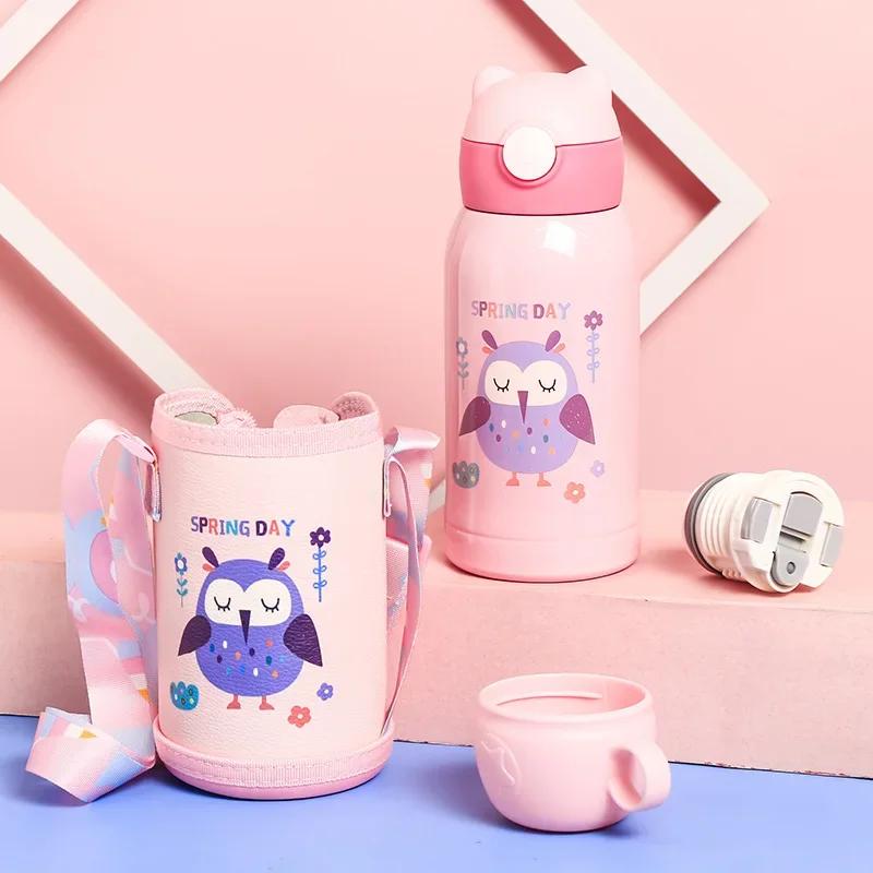 Cartoon Children's Straw Water Cup Strap Bouncing Cup Children's Vacuum Double-lid Double-layer Stainless Steel Vacuum Flask