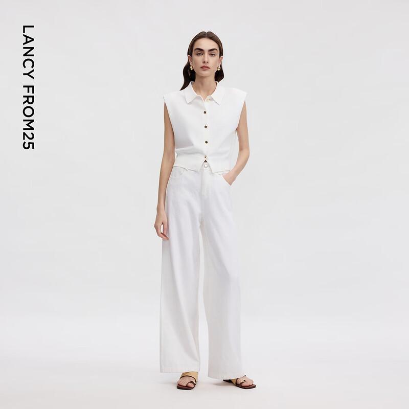 Langzi Women's White Jacquard Wide-Leg Jeans