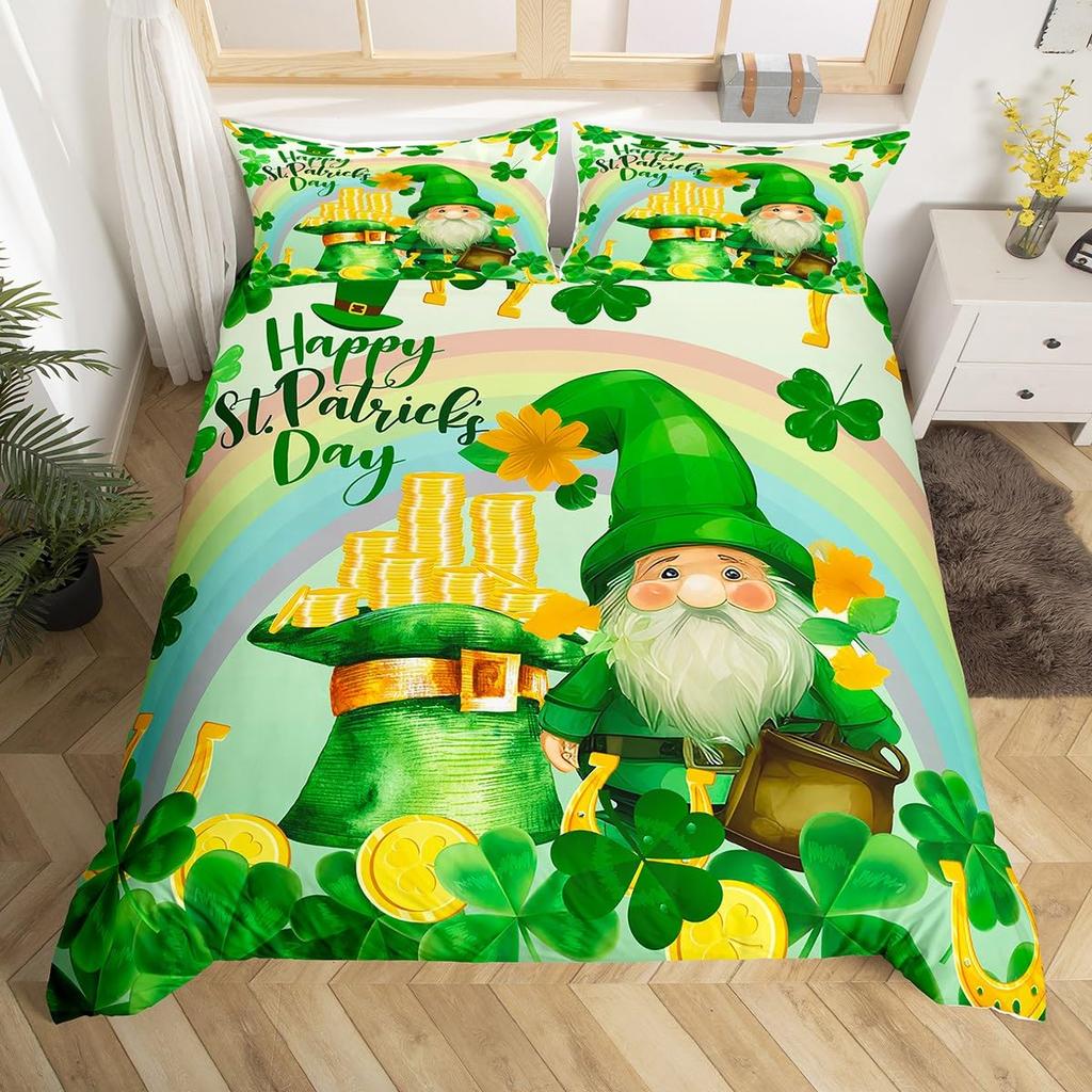 St. Patrick's Day Duvet Cover Queen Cartoon Green Clover Leaves Quilt Cover Holiday Spring Lucky Theme Bedding Set for Dorm Room