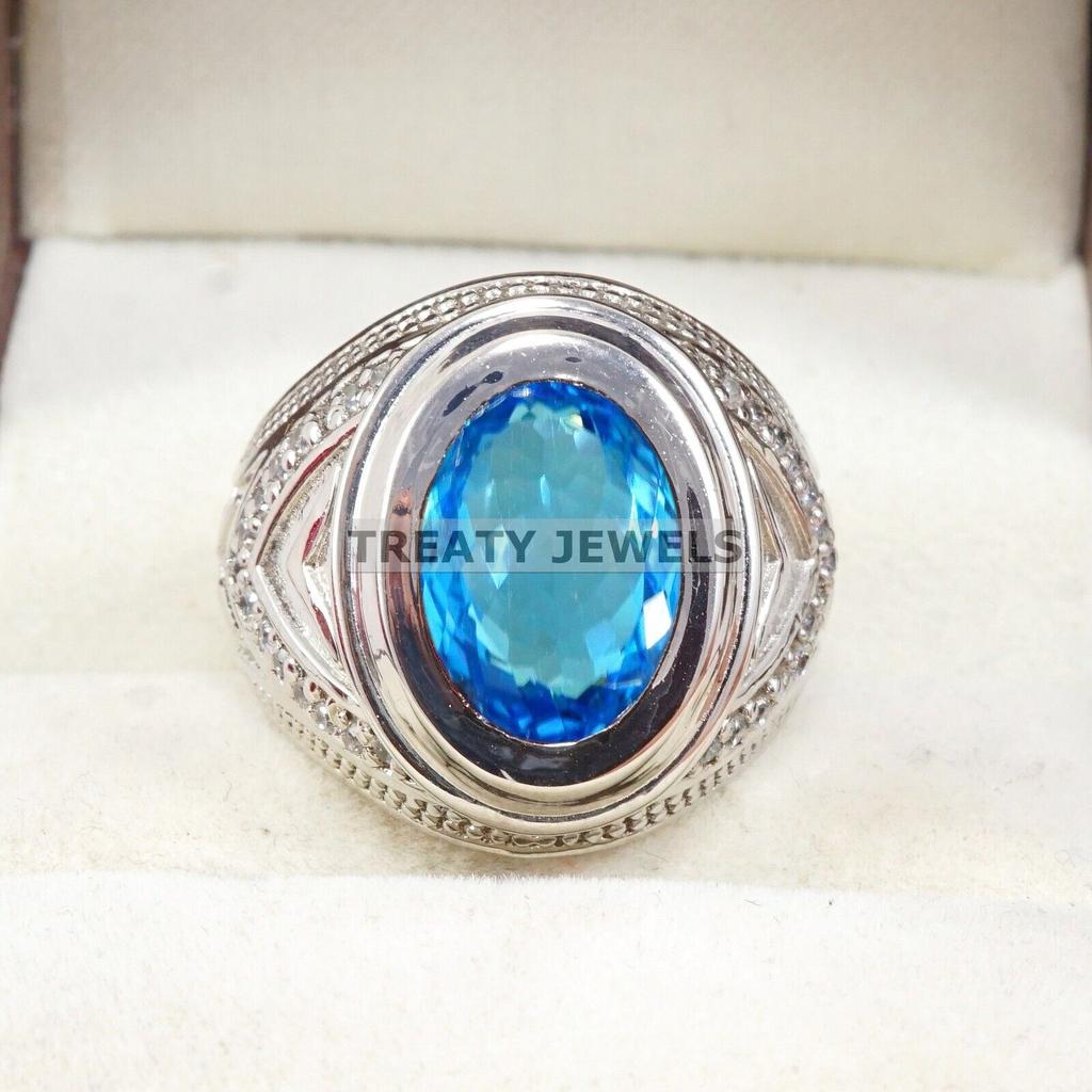 Blue Topaz Oval Cut Gemstone With 925 Sterling Silver Ring For Men's #A902 JL375669066753