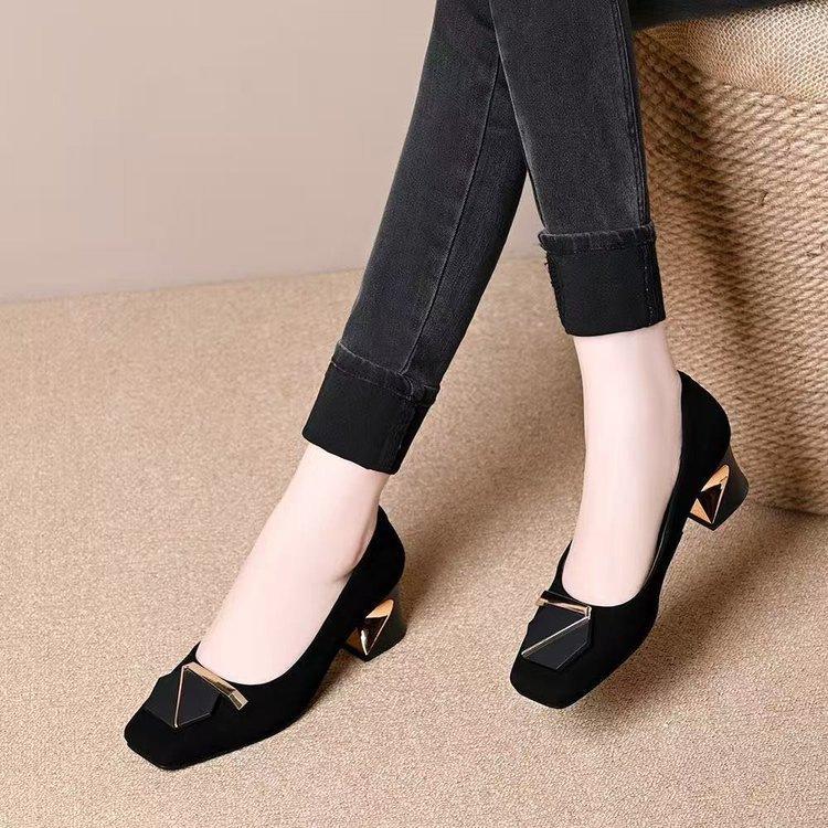 Shallow Single Shoes Autumn New French Square Head Soft Leather High Heels Shallow Temperament Comfortable Leather Shoes