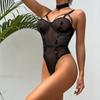 Sexy durchsichtiger Camisole-Body mit Mesh-Einsätzen, Bügel und Choker