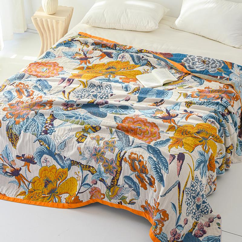Four-layer Gauze Towel Quilt, 100% Cotton, Double-sided Blanket, Richly Adorned with Flowers