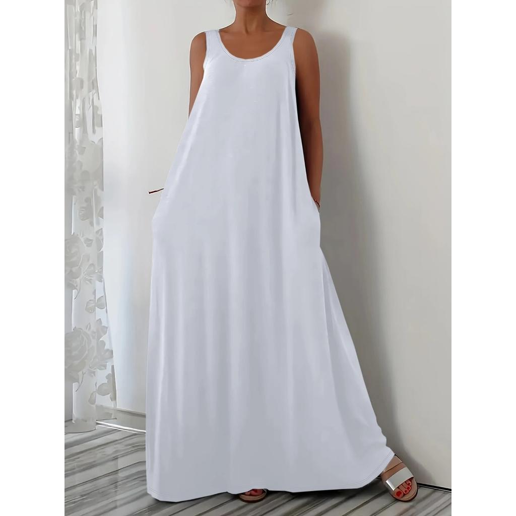 Abito Casual Estivo Monocolore Taglie Forti Senza Maniche con Tasche Laterali, Abito da Donna Crossbody Stile Europeo Americano