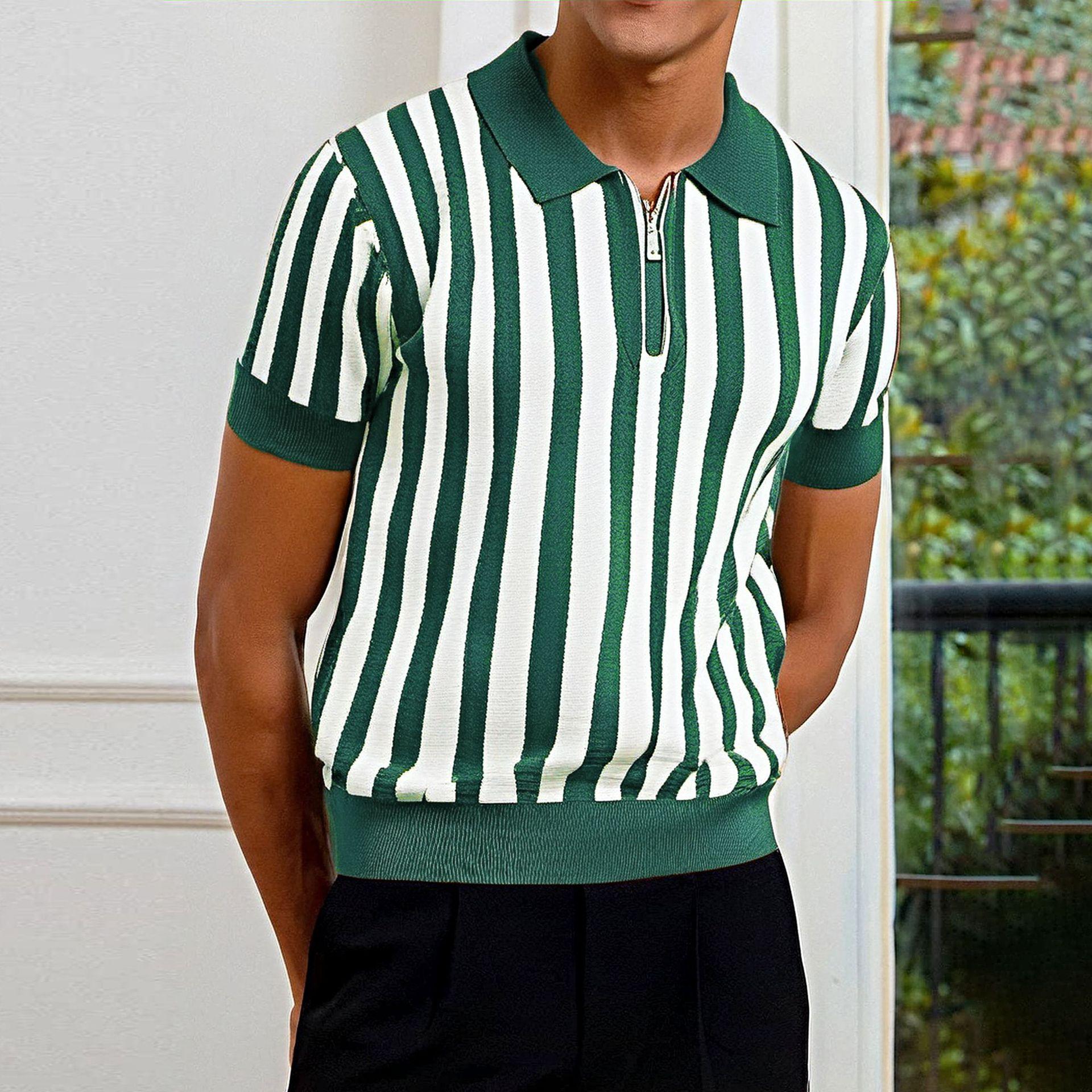 

Men S Contrasting Striped Short-Sleeved Knitted Polo Shirt Lapel High-End Paul Top XL