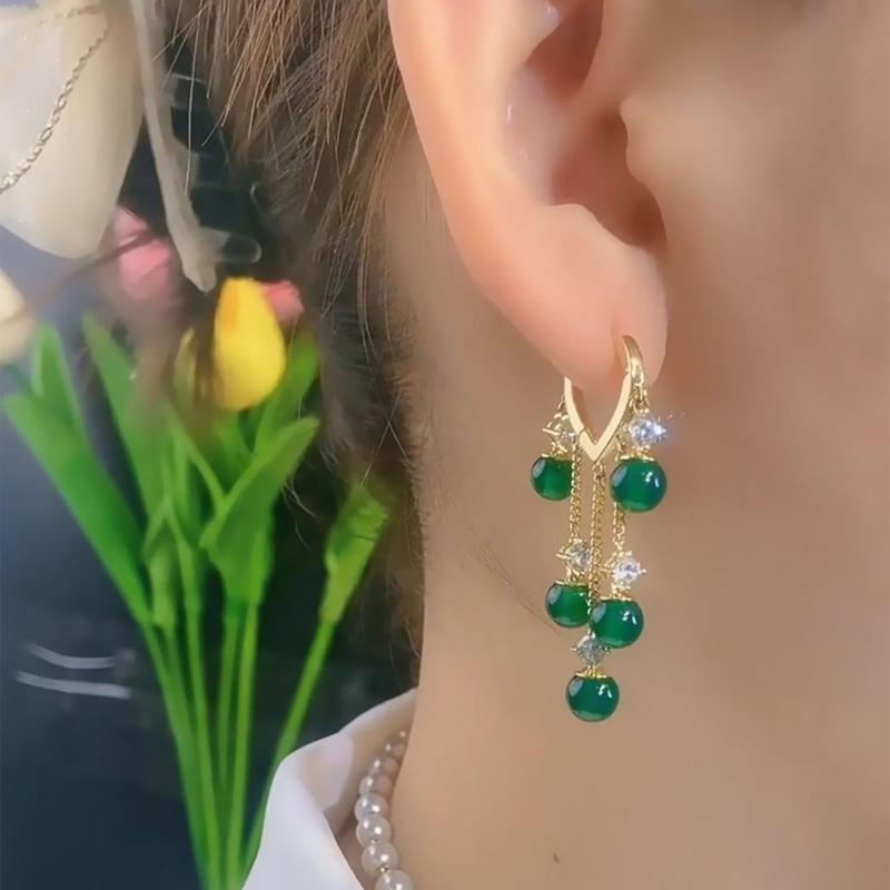 1 pereche de cercei lungi cu ciucuri de mărgele verzi de modă coreeană pentru femei, bijuterii cadou pentru petrecere de nuntă