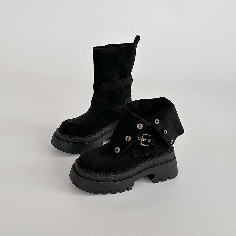 Vintage Maillard Boots Women's Autumn and Winter Design Sense Thick-soled Versatile Two Wear Belt Buckle Medium Boots Martin Boots Short Boots