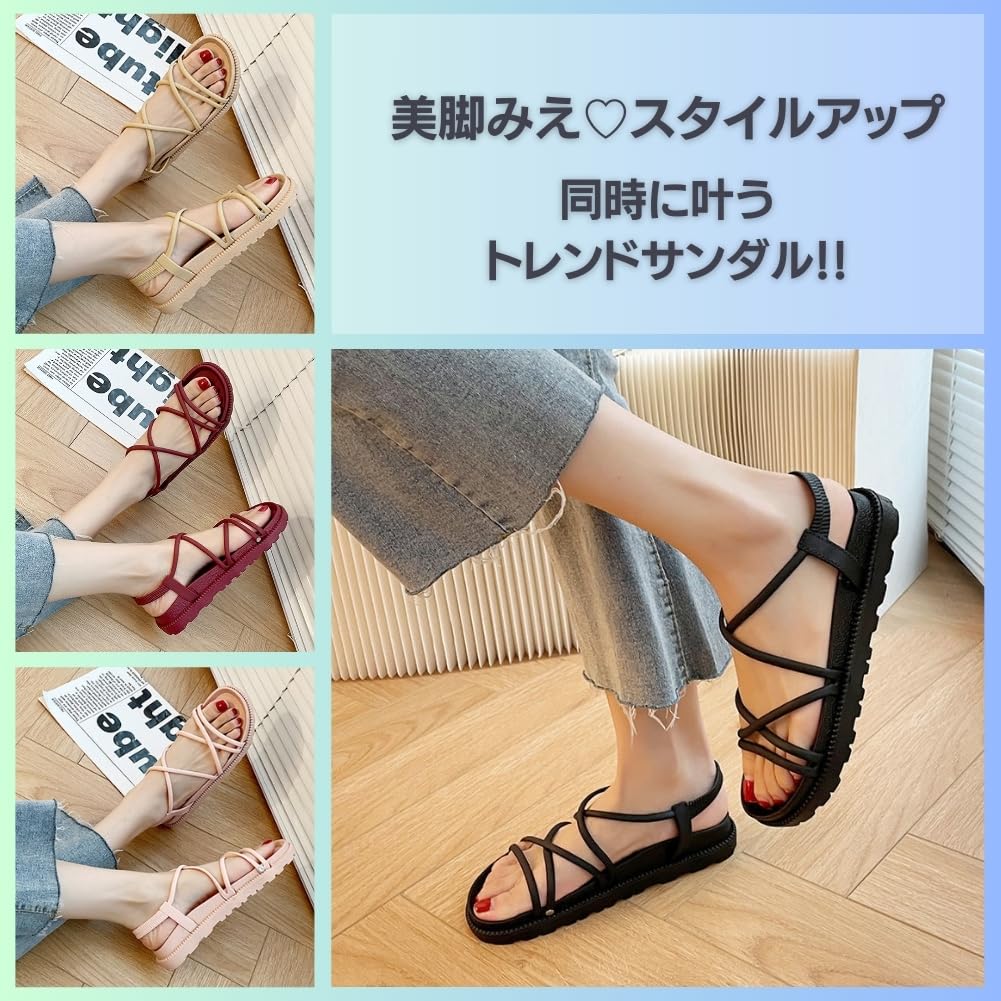 Narrow Strap Sports Sandals for Women [Tiki&Tiki] Lace-up (Wine Red, L)