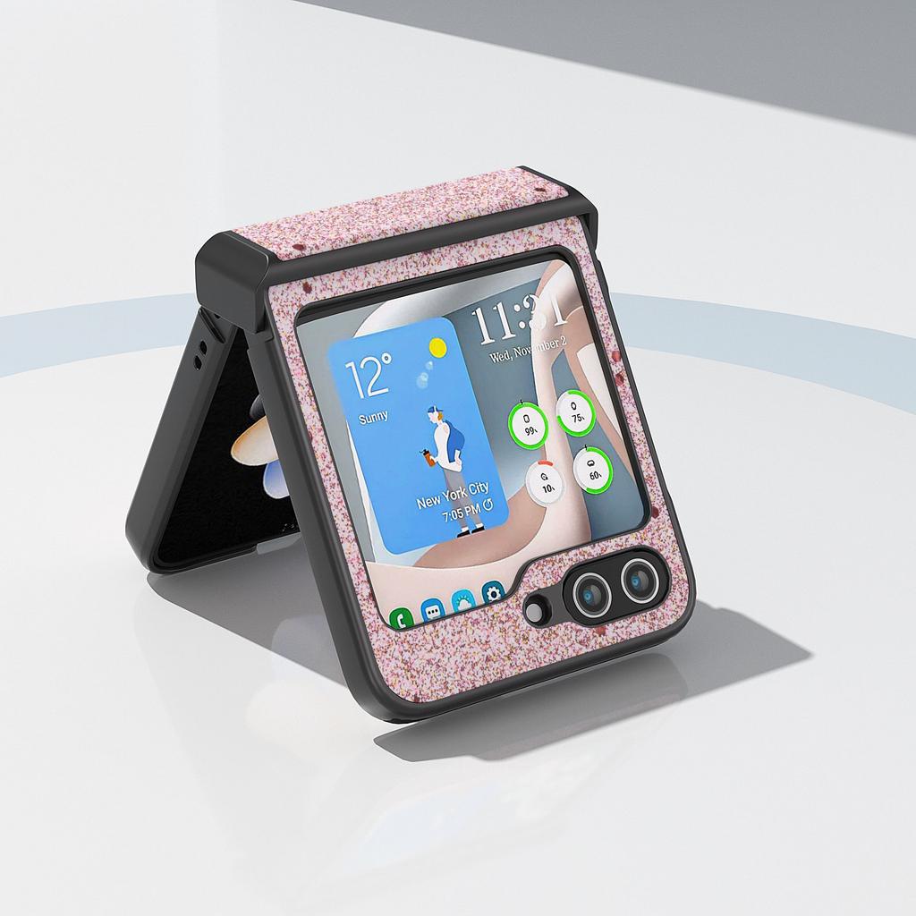 ABEEL For Samsung Galaxy Z Flip7 FE 5G/Z Flip6 5G Case PU Leather+PC Glitter Phone Cover with Hinge Design
