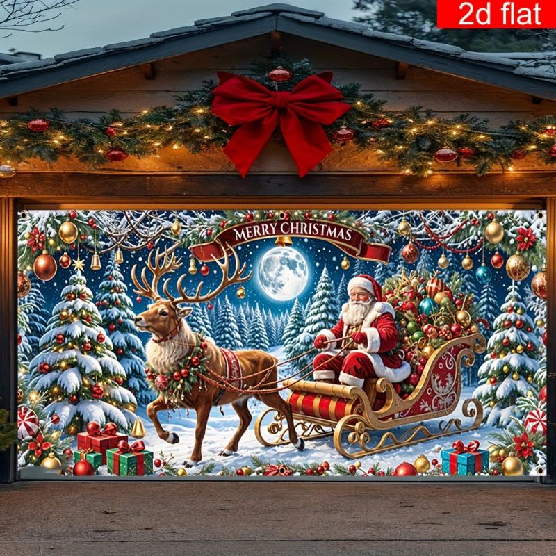 1pc Christmas Theme Garage Door Large Mural Decoration Banner Moon Santa Claus Reindeer Stained Glass Ball Pattern Party Banner 47.2x31.5inch/120*80cm