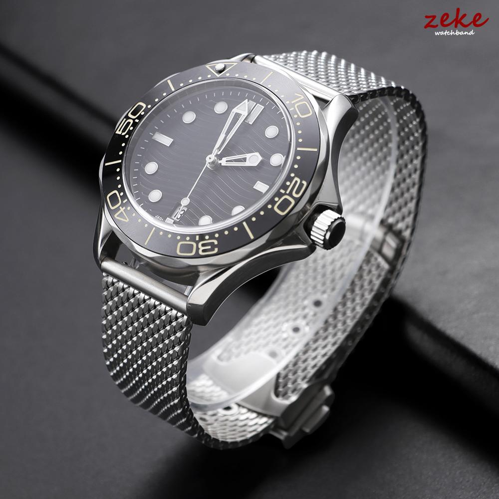 20mm Ασημένιο Πλέγμα Βραχιόλι για Omega Seamaster 007 Επίπεδη Διεπαφή Λουράκι Ρολογιού από Ανοξείδωτο Ατσάλι για Άνδρες Γυναίκες Αναπνεύσιμο Λουράκι Καρπού