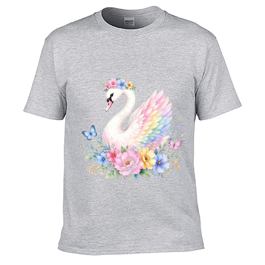 Pastel Swan Floral Butterfly Waterco Unisex Summer Washed Tee Loose Distressed Top