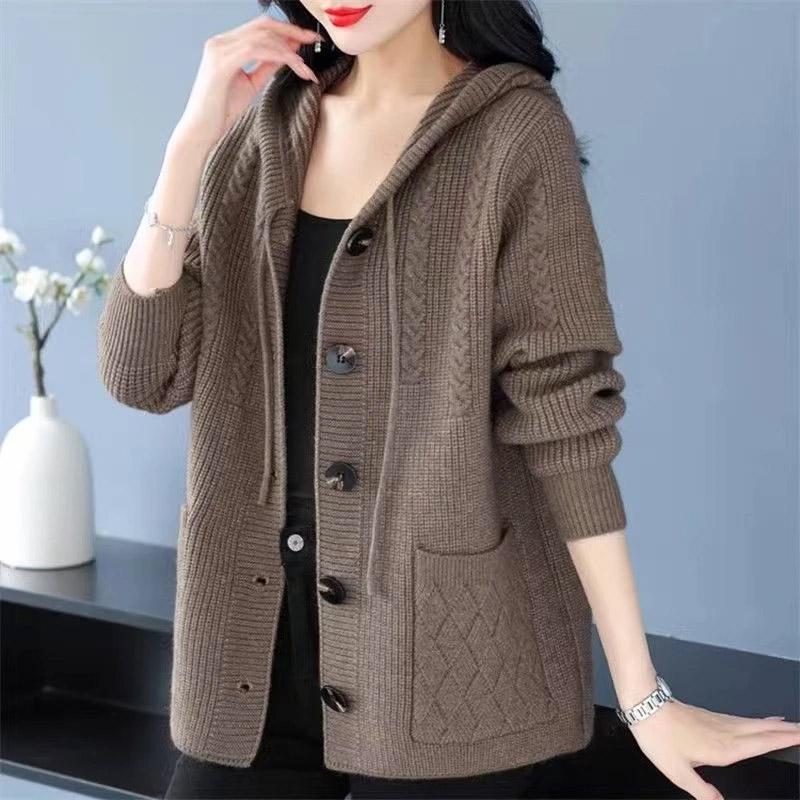 Sweater Coat for Women Cotton Knit Loose Thickened Sweater Hooded Tops Casual Oversize Cardigan Jacket