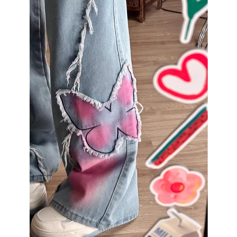 Women's Plus Size Retro High-Waist Loose Fit Butterfly Patchwork Wide-Leg Jeans