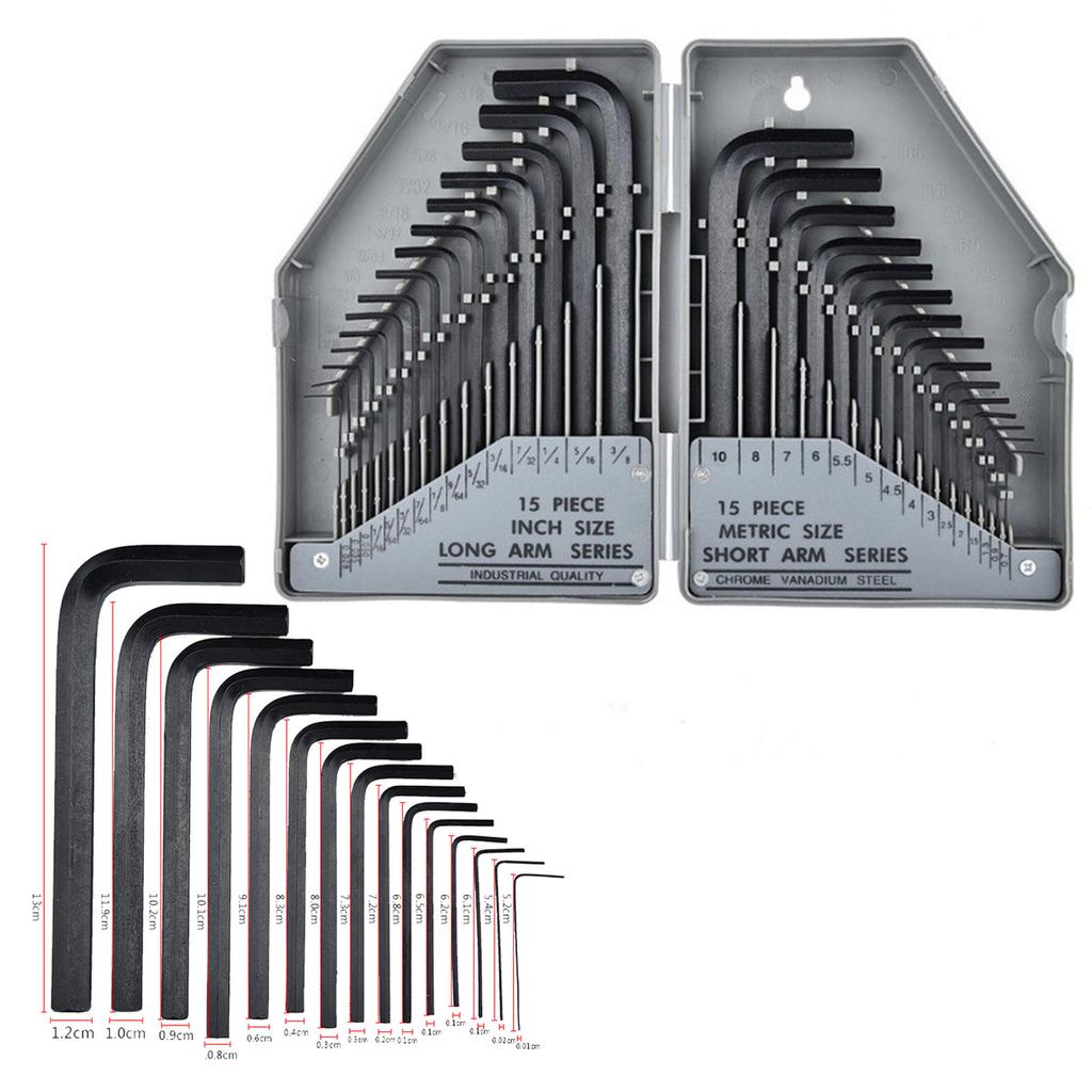 30 Stück Sechskantschlüssel Lang Kurzarm Kohlenstoffstahl Schlüssel Werkzeugsatz für Wartung Reparatur