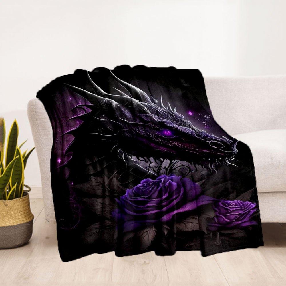 Purple Rose Dragon Wall Art Print PosterBlanket Flannel Throw Blanket for Sofa, Bed, Travel, Camping, Office, Couch, Chair, And Bed Gift for