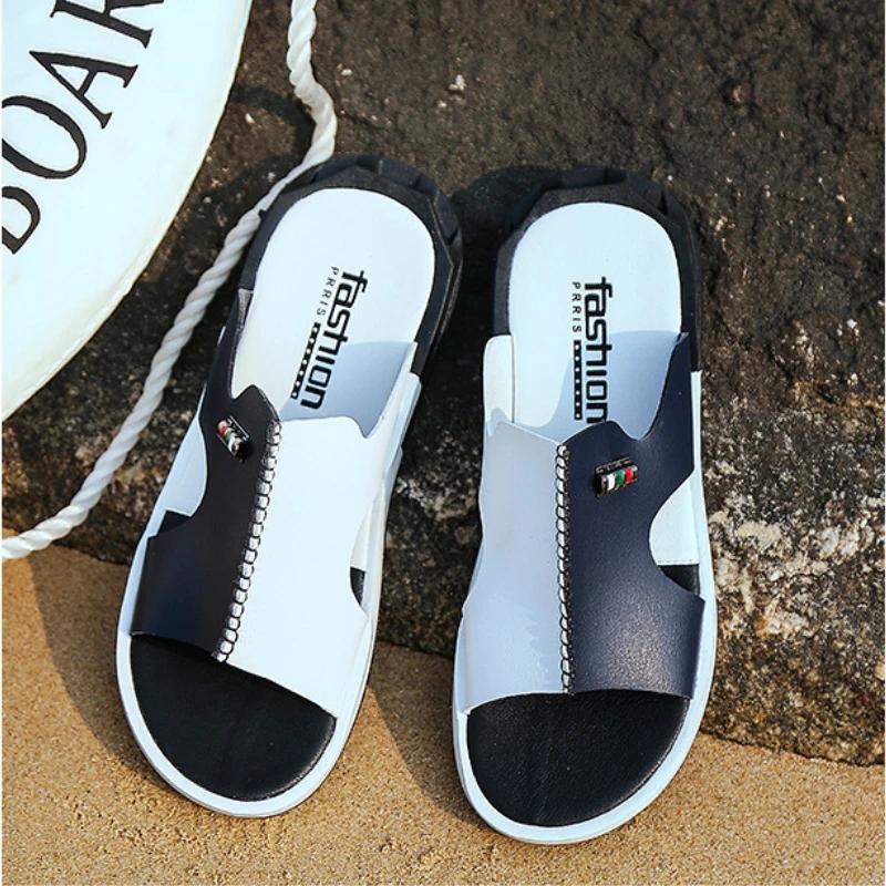 Men Slippers Slip On Summer Slides Thick Sole Non-slip White Sandals Flat Beach Shoes Male Slipper Peep Toe Shower Flip Flops