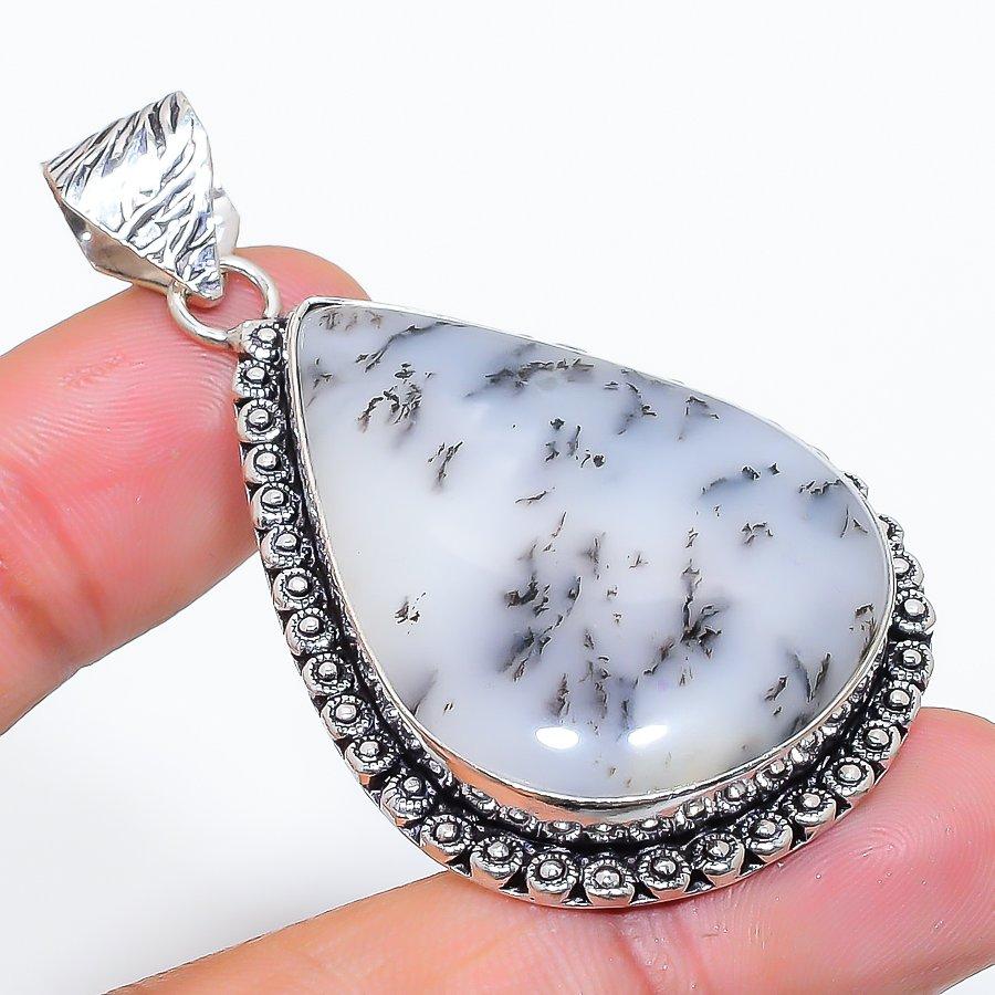 Dendrite Opal Gemstone Handmade 925 Sterling Silver Jewelry Pendant 2.32" SU-10790