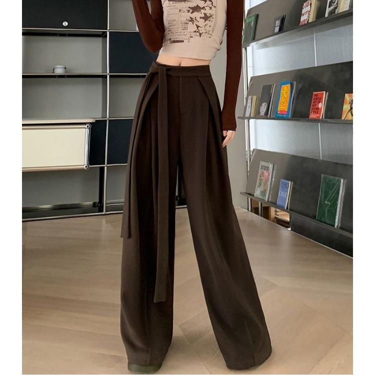 High Waist Wool Trousers Women Loose Casual Wide Leg Winter Tie Waist Design Long Pants