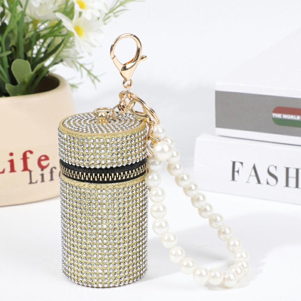 Simple Rhinestone Lipstick Bag Zipper with Keychain Coin Purse Mini Cylindrical Coin Bag