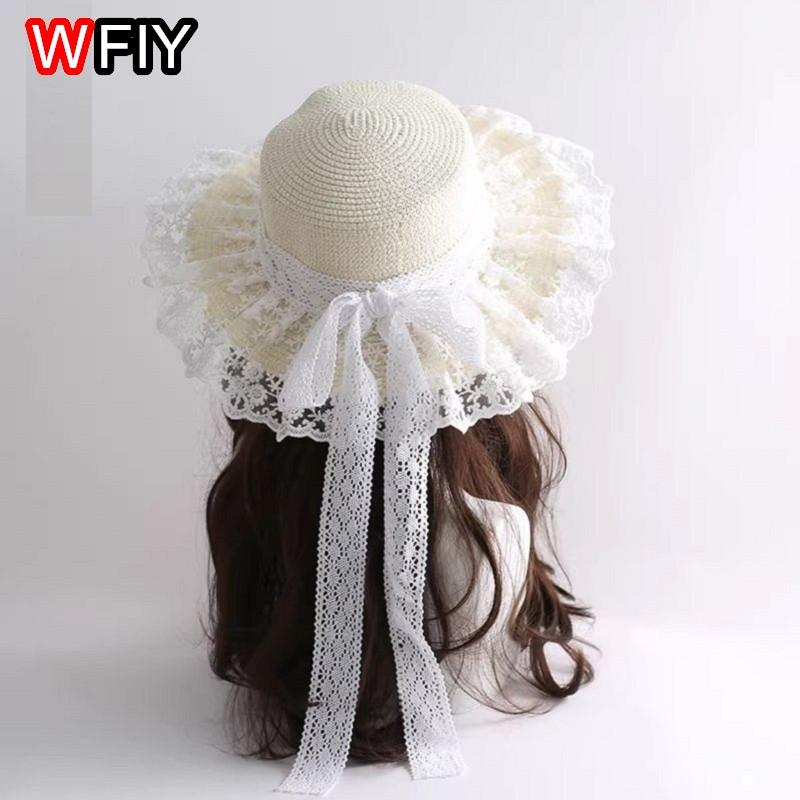 Forest Countryside Harajuku Women Girl Beach Sun Hat Sweet Lolita Kawaii Princess Ribbon Floral Lace Bow Straw Hat Handmade