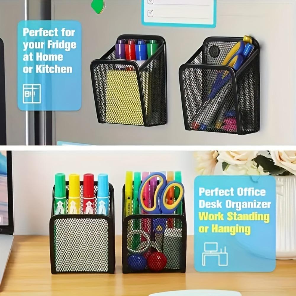 Magnetic Metal Storage Organizer with Hooks - Easy Install, Rust-Proof Wall-Mounted Pen Holder for Home & Office