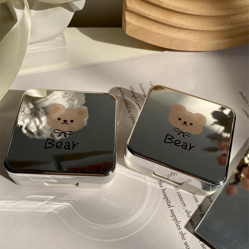 1Pc Silver Bear Contact Lens Case Cosmetic Case Portable Water Box Simple Contact Lens Companion Box Storage Box Accessories