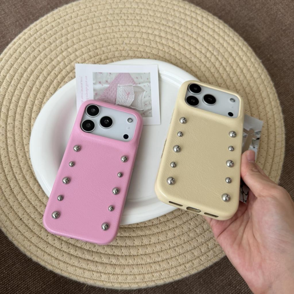 Stylish Stereoscopic Round Bead Rivet Solid Color Leather Shockproof Protective Phone Cover Case for iPhone 17 16 15 14 Pro Max