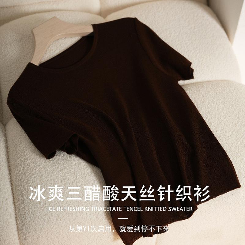 Tencel Knitted Round Neck Short-sleeved T-shirt Women's Summer New Casual and Thin Simple Loose Pullover