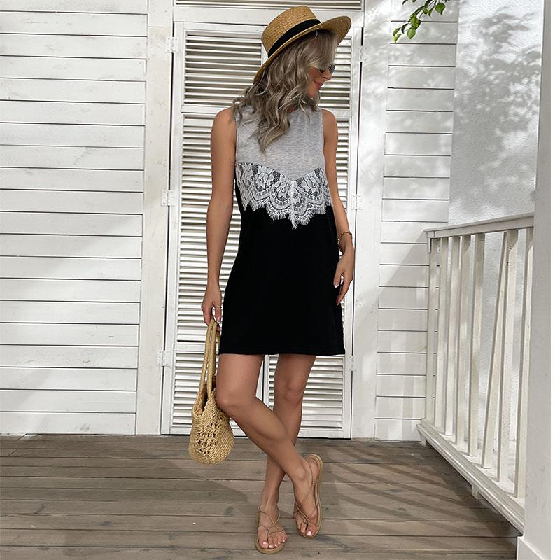 YYFS Women's Fashion Summer Spring Floral Print Lace Sleeveless O-Neck Casual Dresses