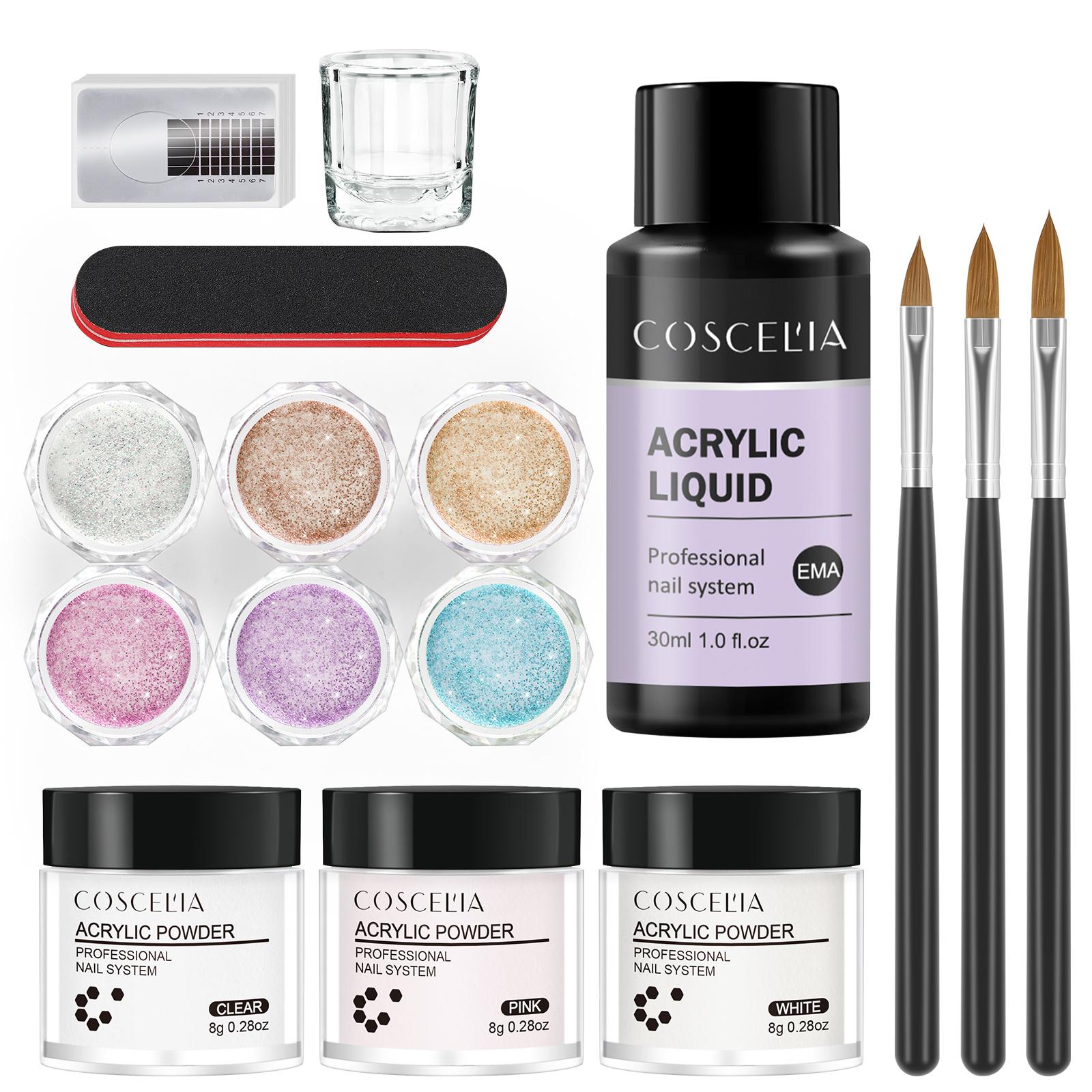 

COSCELIA 30 мл акриловая жидкость с пудрой для ногтей для наращивания ногтей и 6 шт. Набор хрустальной блестящей пудры для ногтей Кристалл 3D резьба для ногтей окунание натуральных сухих
