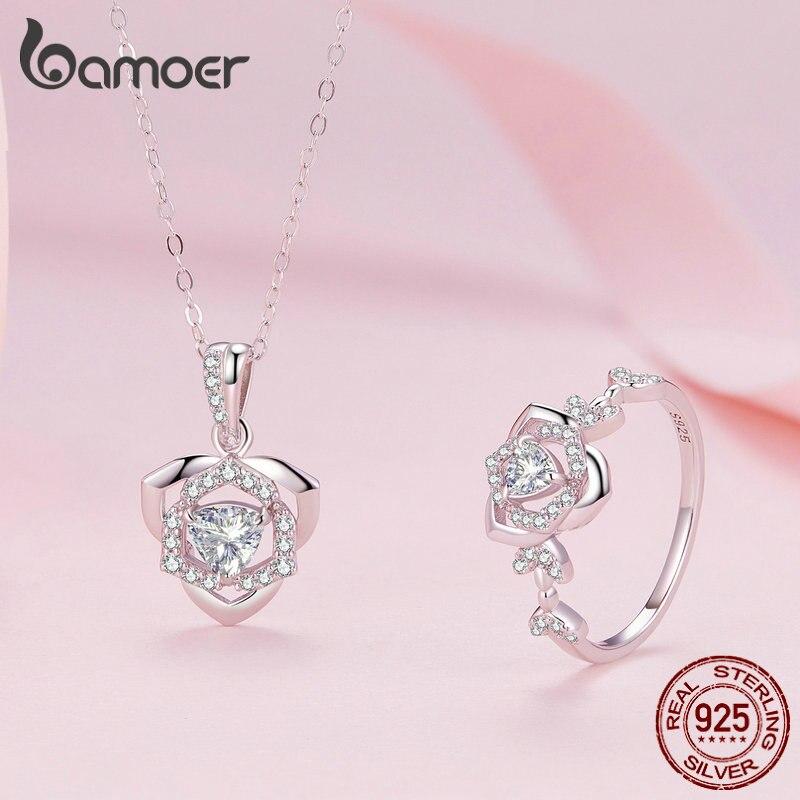 BAMOER 925 Sterling Silver Clear Zircon Rose Finger Ring Flower Ring for Women Birthday Engagement Gift Fine Jewelry