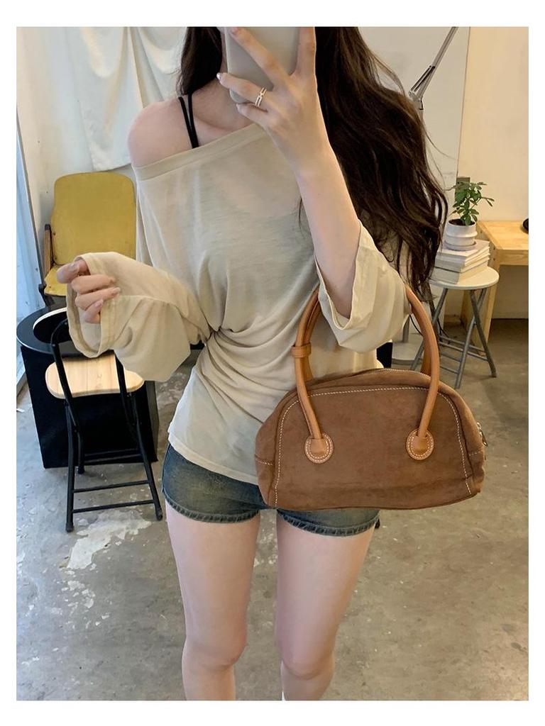 Korean Style Tie-Waist Long-Sleeved Off-Shoulder T-Shirt for Women - Autumn Edition