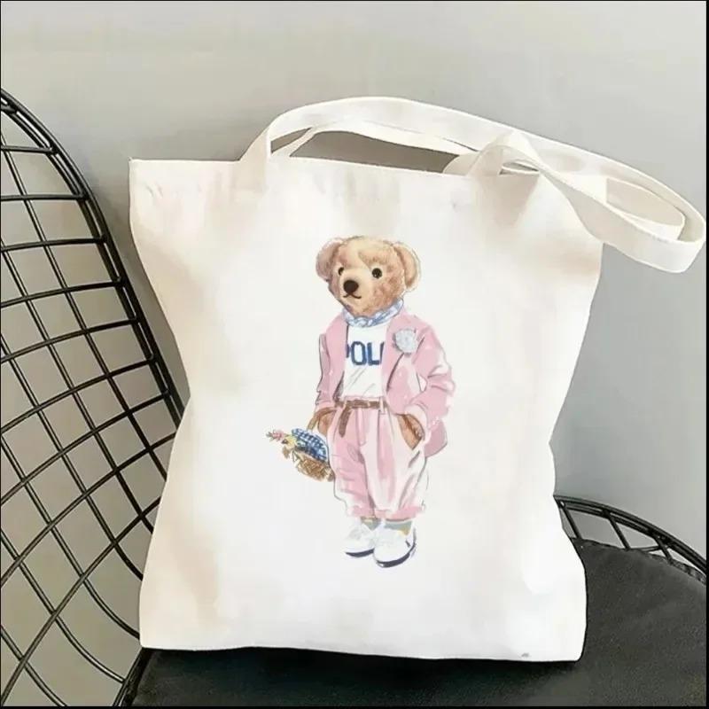 Harajuku Cute Bear Art Shoulder Bags Kawaii Tote Handbag Canvas Girl Environmental Large Capacity Portable Shopping Bag