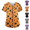 Women's Halloween Printing Short Sleeve V-neck Tops Working Uniform Pocket Blouse