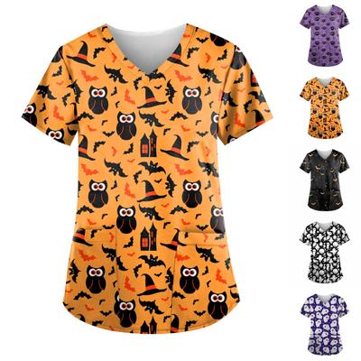 Women's Halloween Printing Short Sleeve V-neck Tops Working Uniform Pocket Blouse
