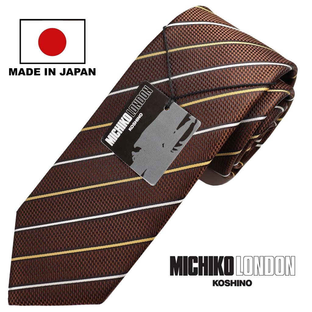 Wrinkle-resistant, bonded fabric with lining for added volume. Made in Japan. MICHIKO LONDON KOSHINO brand tie. Striped pattern, 100% silk, unisex.