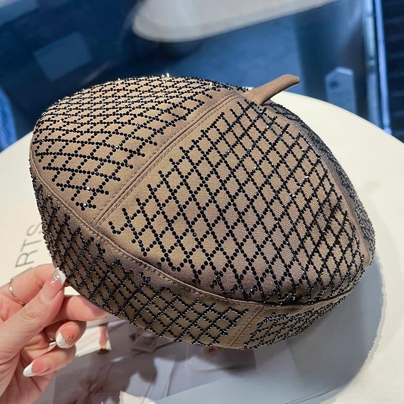 Black Water Drill Check Beret Hat For Women Summer Outdoor Fashion Accessory
