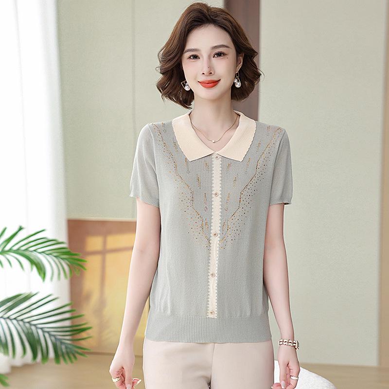 

Mom s Summer Silk Knit Blouse - Mulberry Silk, High-End Fashion, Middle-Aged & Elderly, Loose Fit, Lapel Design. XL (100-110 jin) зелений/сірий колір