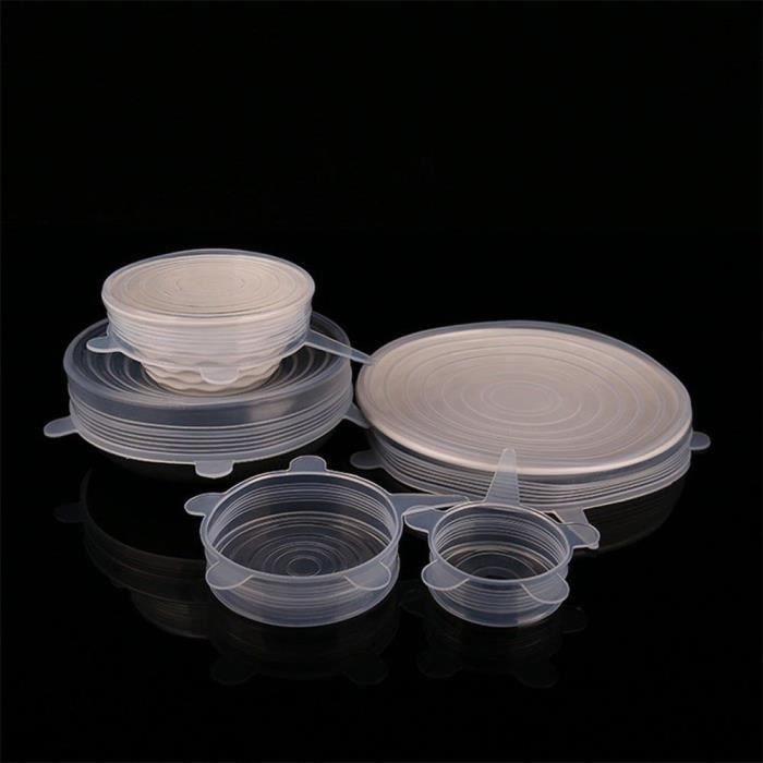 Lot de 6 Couvercles Extensibles en Silicone, ( passe au micro-ondes, réutilisable) ,transparent