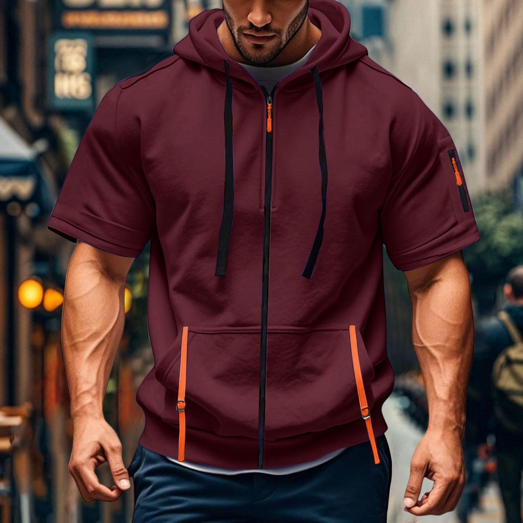 Men's Casual Short-sleeved Sweatshirt. Loose And Breathable Solid-color Sweatshirt Jacket With Multiple Pockets And A Zipper.