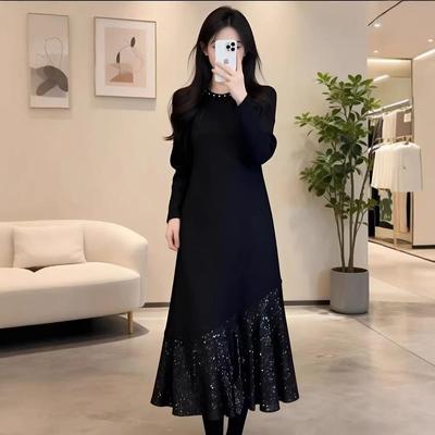 Robe Noire Patchwork à Sequins: Jupe de base mi-longue pour femme Printemps/Automne 2026