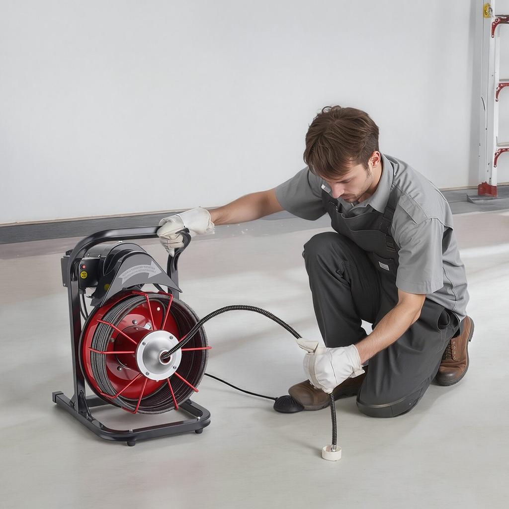 Drain Cleaner Machine 15m x 13mm, Sewer Snake Auger Manual Feed with 4 Cutters & Air-activated Foot Switch for 50mm to 150mm Pipes