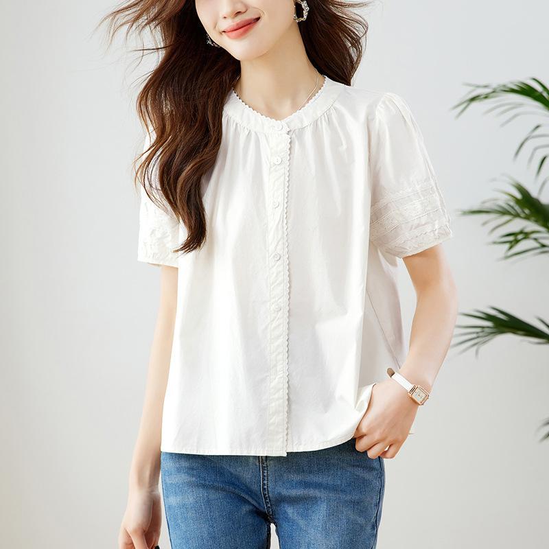 Spitze Rundhals Kurzarmshirt für Sommer Neu Pendeln Süßer Stil Nische Schickes Oberteil