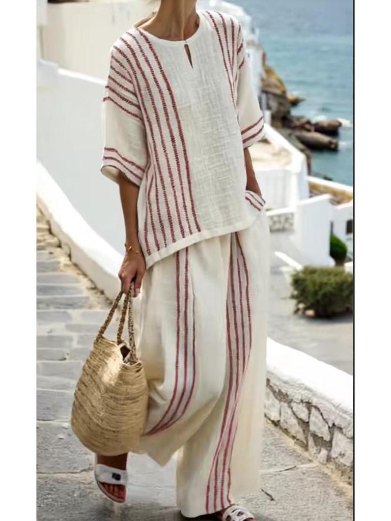 European & American Style Women's 2-Piece Set: Striped Short Sleeve Linen Cotton Top with Round Neck & Casual Pants, 2025