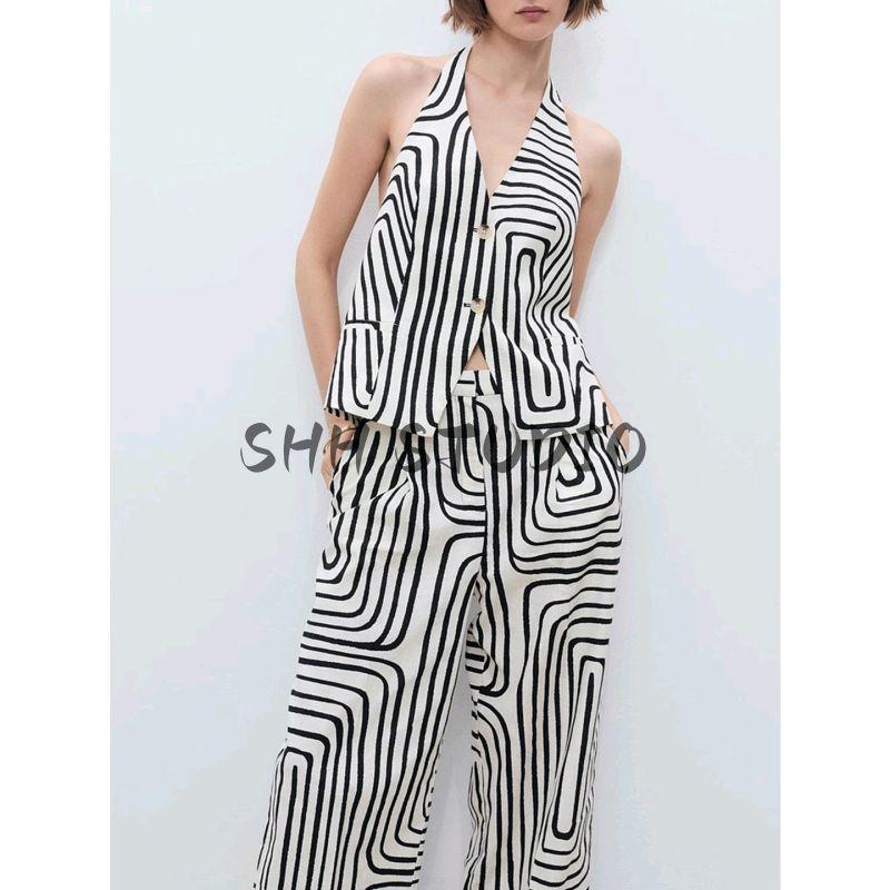 Open Back Hanging Collar Vest 17071150 Cotton and Linen Blended Geometric Pattern Floral Print Casual Jumpsuit 17061155