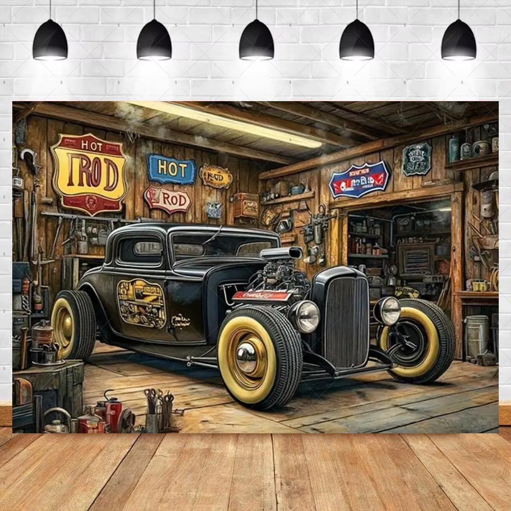 Bannière de Fond de Voiture Chaude Vintage Décoration de Fête Toile de Fond de Garage Classique Fournitures Style Industriel Pneu Outil Accessoire de Photographie