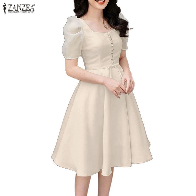 ZANZEA Women Casual Square Collar Splice Short Sleeve Elegant Dress